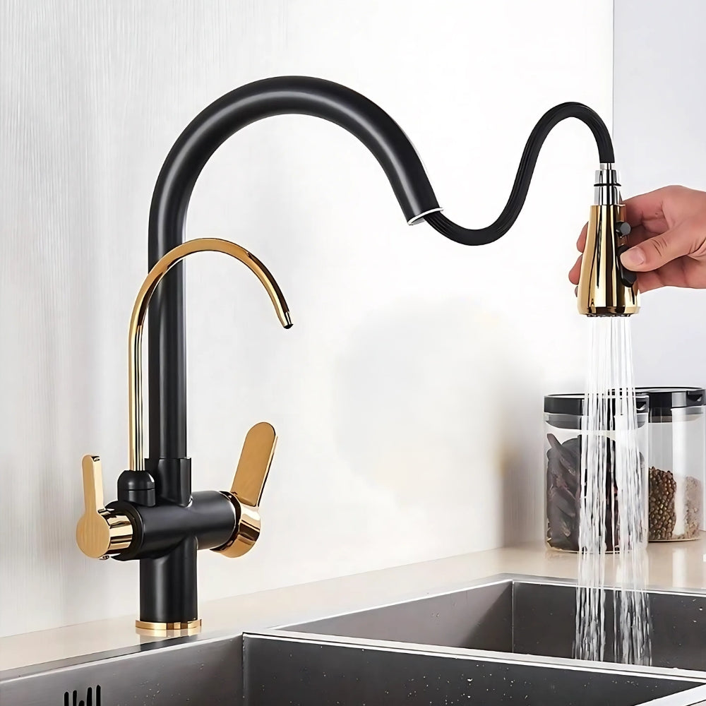 Mitigeur Double Sortie Avec Douchette Extractible Noir Finition Or - AUREL