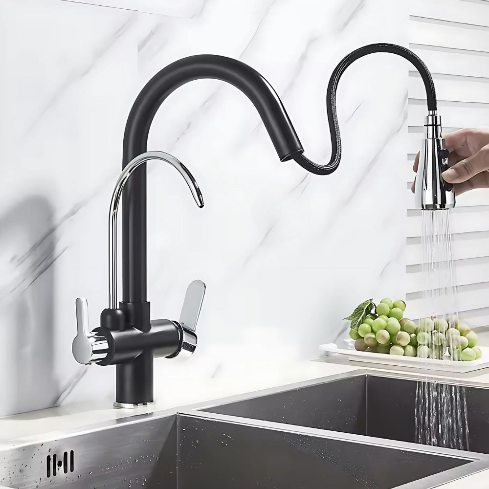 Mitigeur Double Sortie Avec Douchette Extractible Noir Finition Chrome - AUREL