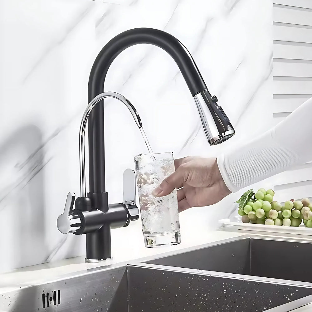 Mitigeur Double Sortie Avec Douchette Extractible Noir Finition Chrome - AUREL