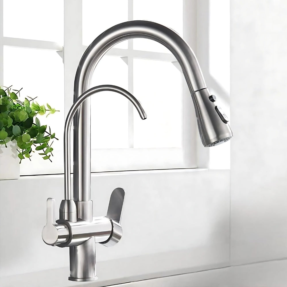 Mitigeur Double Sortie Avec Douchette Extractible Nickel Brossé - AUREL