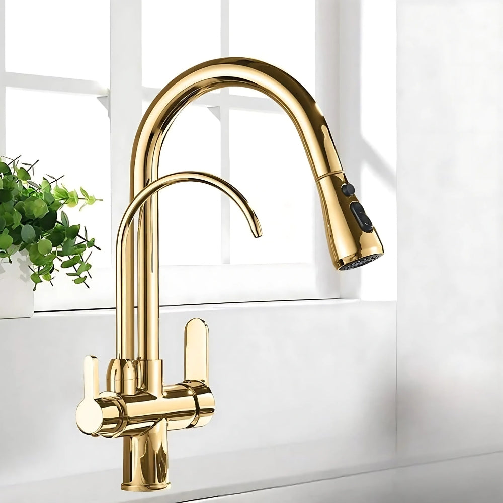 Mitigeur Double Sortie Avec Douchette Extractible Or - AUREL